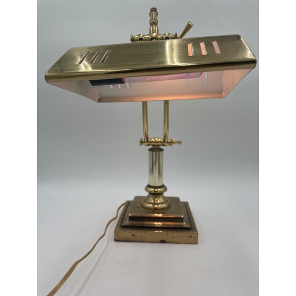 Vintage Brass Bankers Adjustable Knuckle Desk Lamp Slotted Shade Art Deco Design - Picture 7 of 13